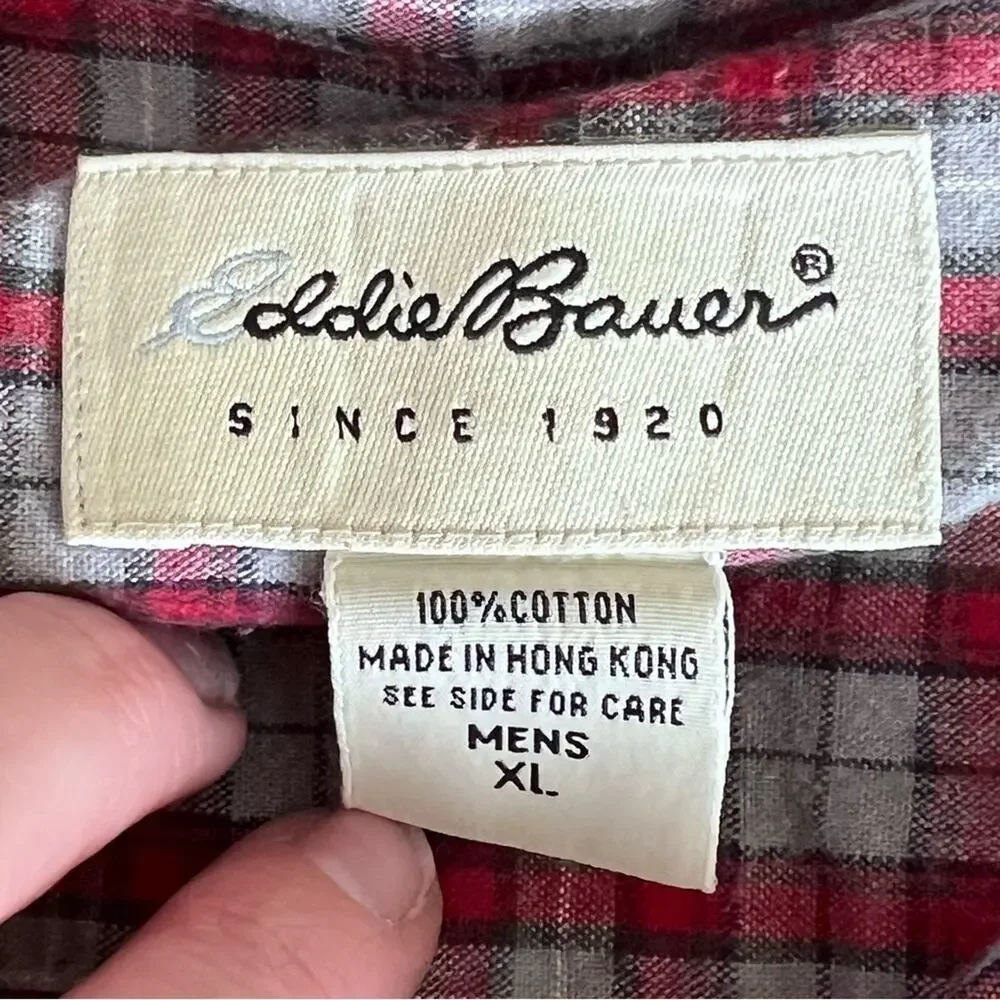 Eddie Bauer Red Grey Plaid Button Down Shirt Men’s Size XL
